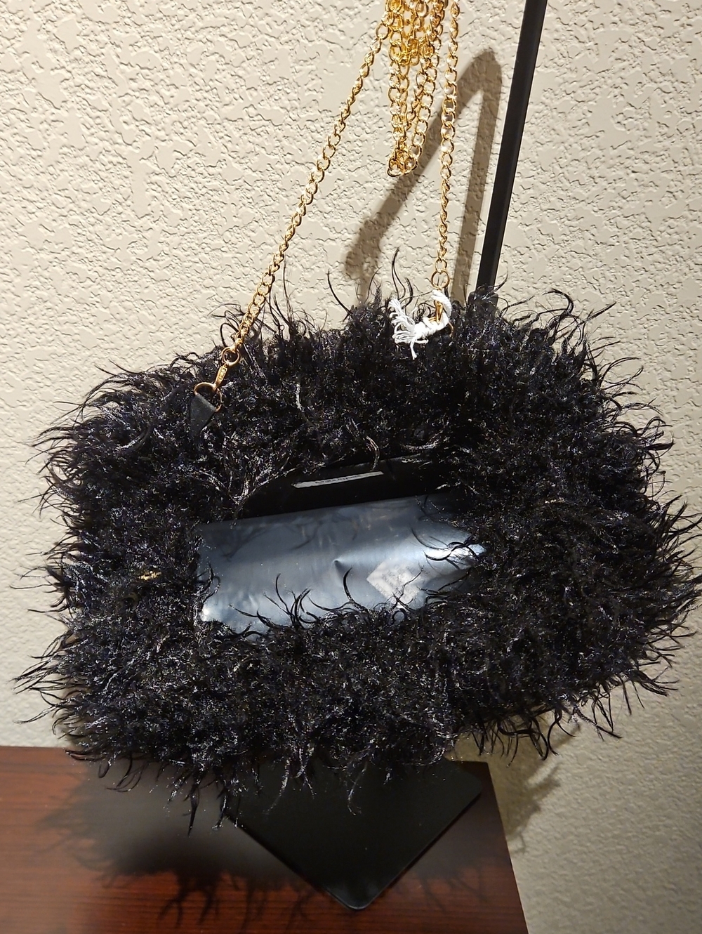 Haute Hippie - Black Faux Fur Clutch Purse With Gold Chain - Picture 4 of 5